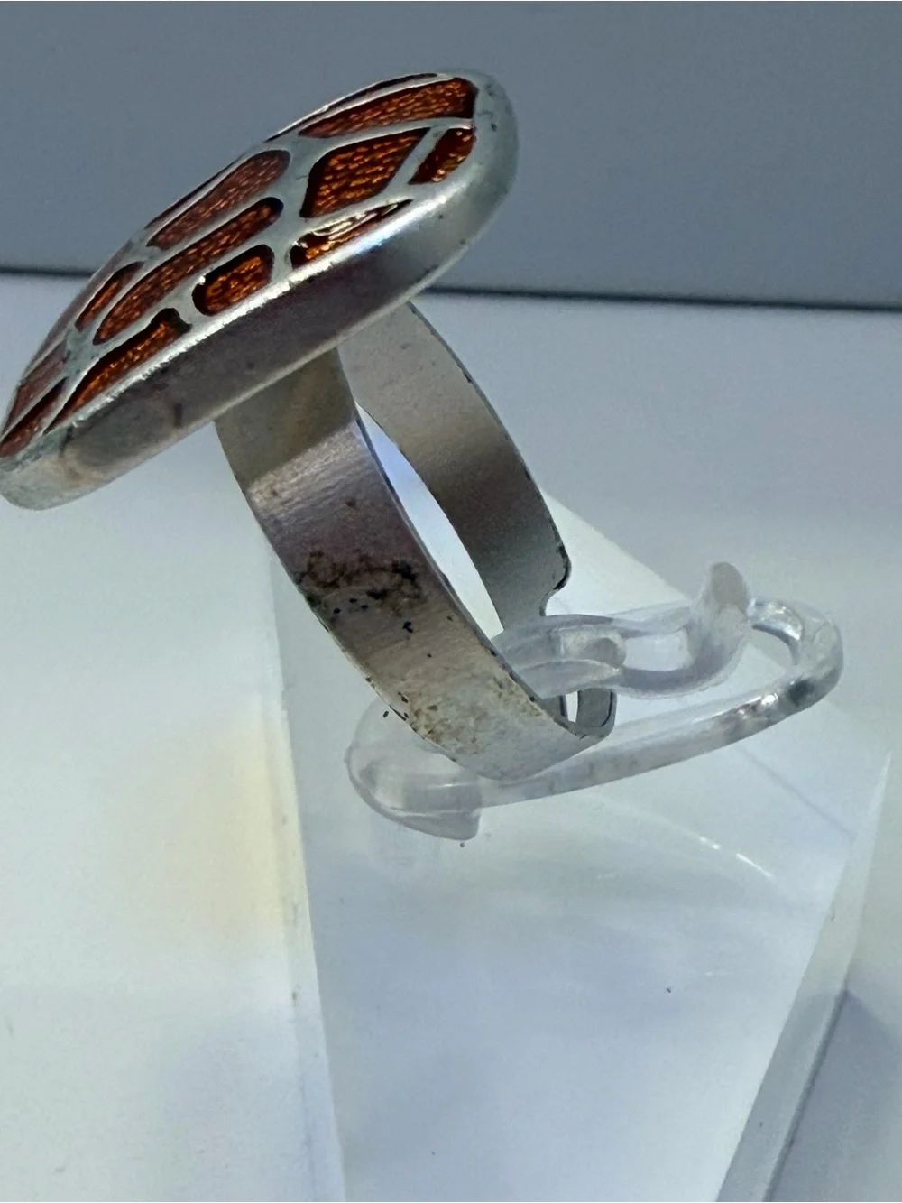 Silver Tone Orange Mosaic Costume /Fashion Statement Ring, Adjustable Sizing